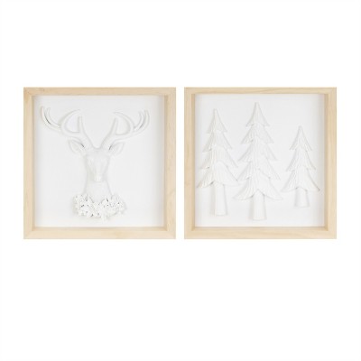 Framed Holiday Deer and Tree Artwork (Set of 2)