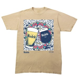 Modelo Wine, Glasses, Mosaic glass background EST 1925, Viva La Tradicion on Sand Vintage Short Sleeve Adult T-Shirt - 1 of 4
