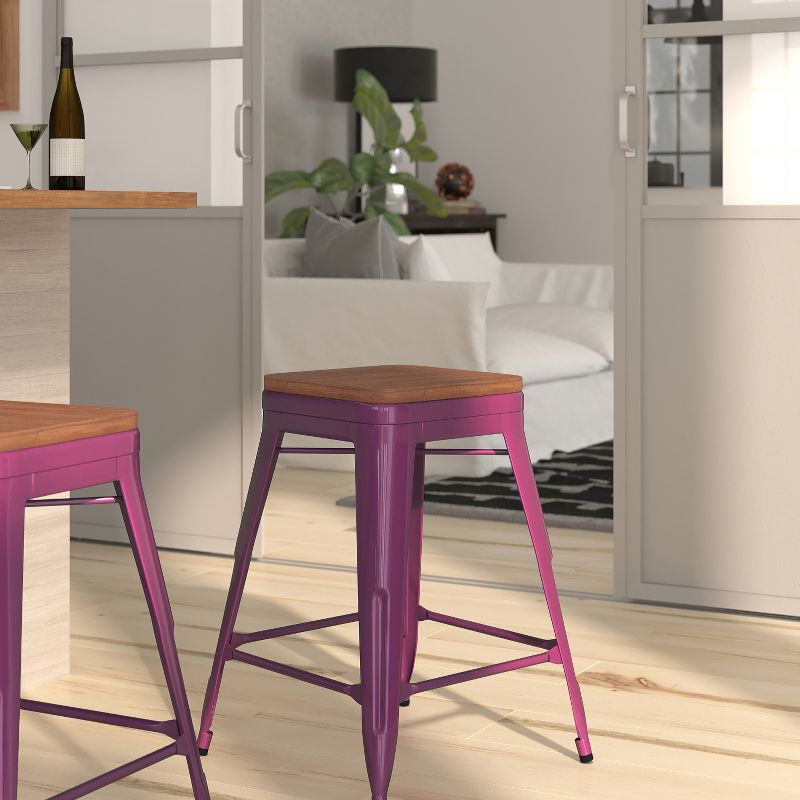 Merrick Lane Backless Metal Dining Stool with Wooden Seat for Indoor Use, 4 of 5