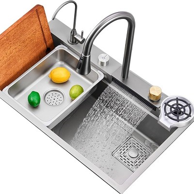 Gunmetal Gray Stainless Steel Single Basin Kitchen Sink with Waterfall Faucet