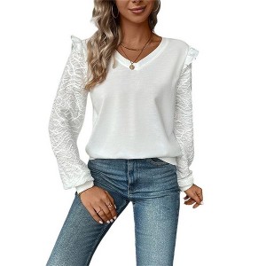 Coolmee Women's Fall Blouse Casual Long Sleeve V Neck Loose Lightweight Crochet Knit Pullover Tops - 1 of 4