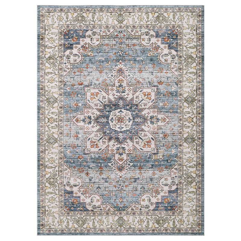 Whizmax Vintage Floral Print Area Rug,Indoor Boho Carpet Low Pile Non-Shedding Floor Mat with Non-Slip Rubber Backing(Blue*Green), 1 of 7