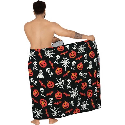 LA LEELA Men's Pareo Halloween Costumes Skull Pumpkin Party Swim Trunks Swimwear Summer Sarong Full Beach Wrap for Men One Size Black, Pumpkin