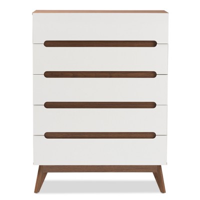 Calypso Mid-Century Modern White and Walnut 5-Drawer Chest