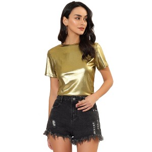 Allegra K Women's Party Metallic Short Sleeve Textured Shiny T-shirts - 1 of 4