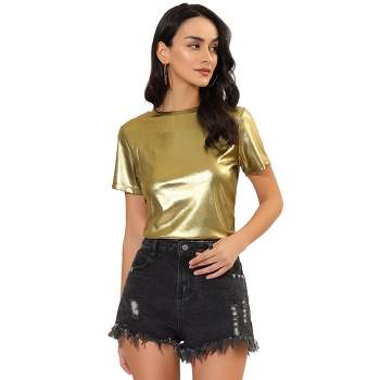 Allegra K Women's Party Metallic Textured Short Sleeve Shiny T-shirts
