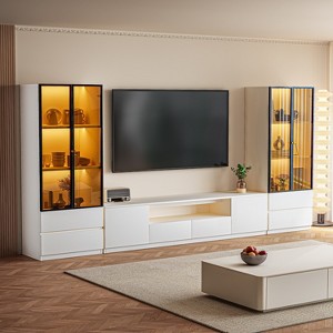 ATJafurn Media Console for TVs up to 75'', Modern Entertainment Center Living Room Cabinet Set Includes TV Stand Glass Display And Drawer Cabinet - 1 of 4
