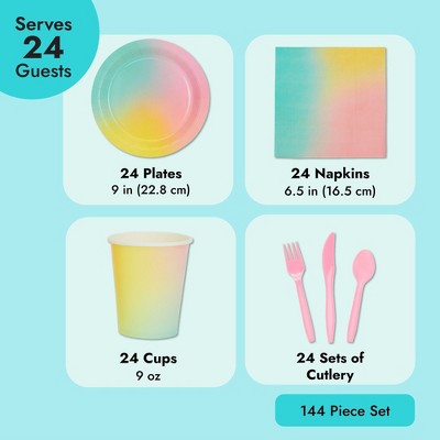 Pastel Rainbow Birthday Party Dinnerware Set with Pink Cutlery