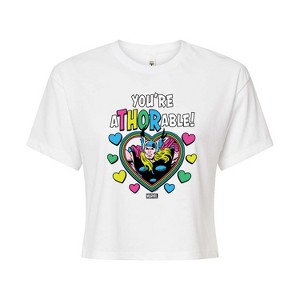 Women's - Marvel - Thor Valentine You're Athorable Cropped Graphic T-Shirt - 1 of 4