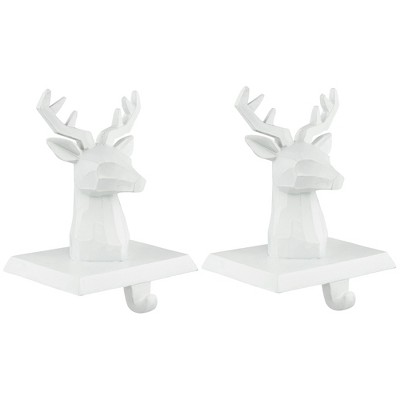 White Hand-Carved Reindeer Head Stocking Holders, Set of 2