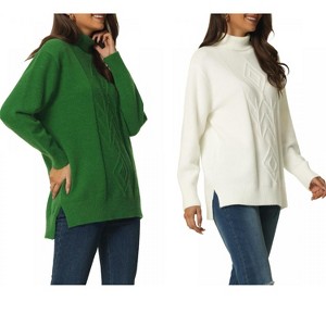 INSPIRE CHIC Women's Solid Fall Winter Turtleneck Long Sleeve Spilt Hem Tunic Pullover Sweater 2 Packs - 1 of 4