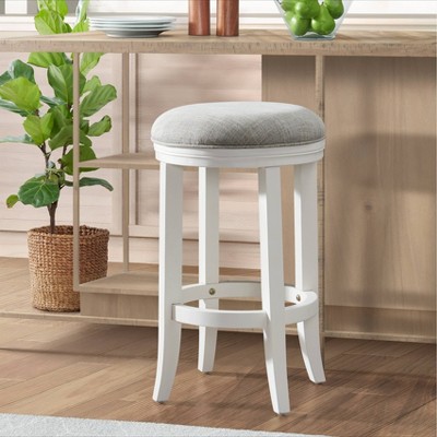 Elegant Backless Counter Height Stool in White Leather & Rubberwood