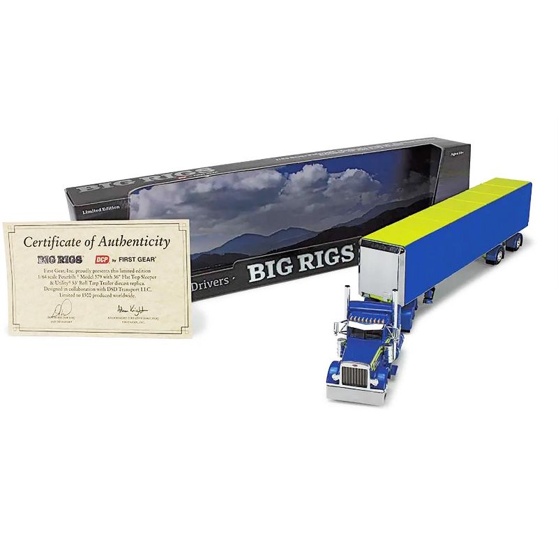 Peterbilt 379 w/36" Sleeper and 53' Utility Roll Tarp Trailer "DSD Transport" Blue & Yellow 1/64 Diecast Model by DCP/First Gear, 5 of 6