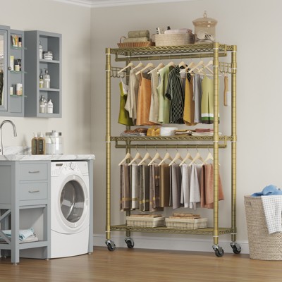 Gold Heavy Duty 3-Tier Rolling Garment Rack with Adjustable Shelves