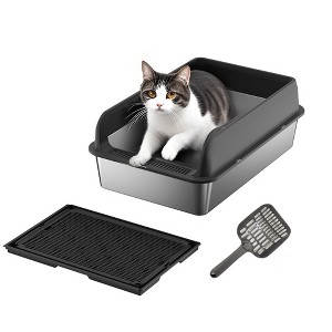 Stainless Steel Litter Box with Lid, Large Litter Box with Sifter Scoop and Double Layer Litter Mat, 6/8'' Deep Metal Cat Litter Box - 1 of 4