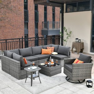 Ovios Venice 9pc Wicker Outdoor Patio Furniture Set Conversation Sofa Sectional with a Swivel Chair and Cushions - 1 of 4