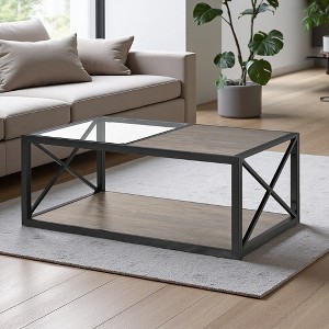 Glass & Rustic Wood Coffee Table (Industrial) - 1 of 4