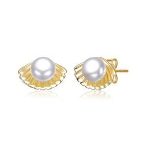 Guili 14k Yellow Gold Shell Pearl Stud Earrings, Delicate Scalloped Design, Coastal Chic for Everyday Grace and Elegant Seaside Celebrations - 1 of 3