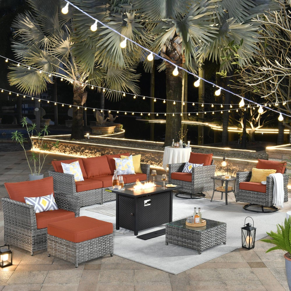 Photos - Garden Furniture Ovios Tenaya 10pc Wicker Outdoor Patio Furniture Set Conversation Sofa with a Metal Fire Pit Swivel Chairs and Beige Cushion