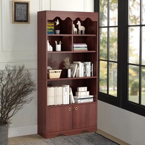 Coolmee 63 inch Tall Bookshelf with Doors, Scalloped Design 5 Tier Storage Cabinet for Home Office, Living Room, Bedroom, Deep Storage Shelves - 1 of 4