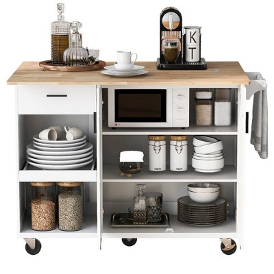 55.7'' Large Kitchen Island with Power Outlet,2 Drop Leaf,Rolling Kitchen Cart on 5 Wheels, Spice & Towel Rack for Kitchen, Dining Room