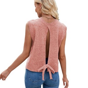 Womens Summer Sweater Vest Top Casual Crop Knit Cardigan Vest Bow Tie Back Knitted Sleeveless Round Neck Tank Tops - 1 of 4