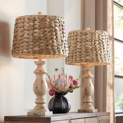 Beige Resin and Grass Tropical Table Lamp Set