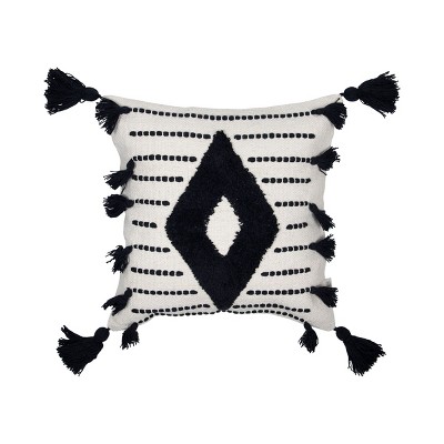 Black and White Hand Woven 18 x 18 inch Decorative Cotton Throw Pillow Cover With Insert and Hand Tied Tassels - Foreside Home & Garden