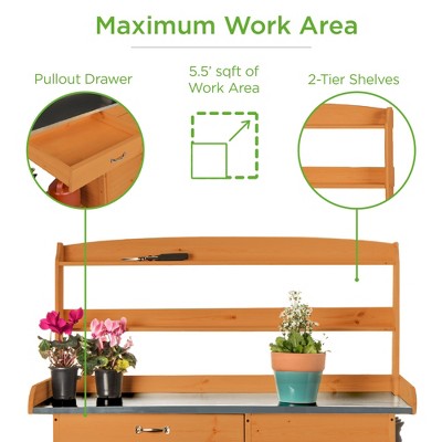 Fir Wood Outdoor Potting Bench with Metal Tabletop and Storage Cabinet