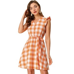 Allegra K Women's Casual Ruffled Sleeve A-Line Vintage Gingham Check Dress - 1 of 4