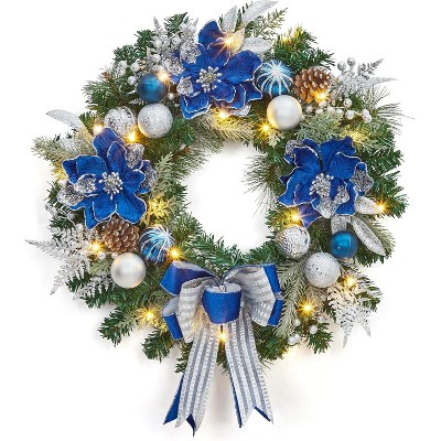 GAOMON Prelit Christmas Wreath for Front Door, 24" Large Outdoor Christmas Wreath, Battery Operated Lighted Xmas Wreaths
