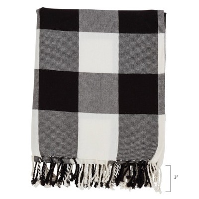Buffalo Plaid Tassel-Trimmed Cotton Throw Blanket - Black and White