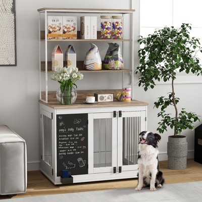 Large White Particleboard and Steel Dog Crate Table with Shelves