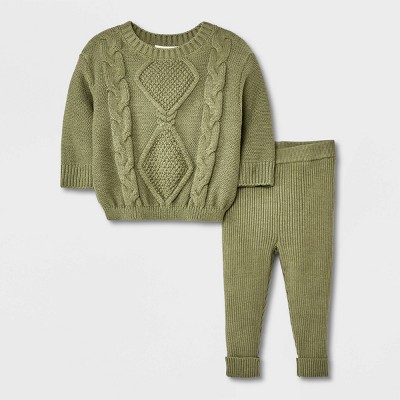 2pcs Baby Boy Brown Cable Knit Splicing Striped Long-sleeve Pullover Sweater and Trousers Set