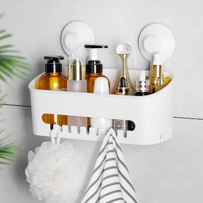 LunaLulinlk Strong Heavy Duty Shower Suction Cup Holder Storage Basket - No Drilling Required with Hook, White