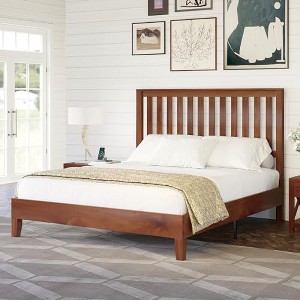 AMERLIFE Solid Wood Bed Frame, Mid-Century Platform Bed with Grille Headboard - 1 of 3