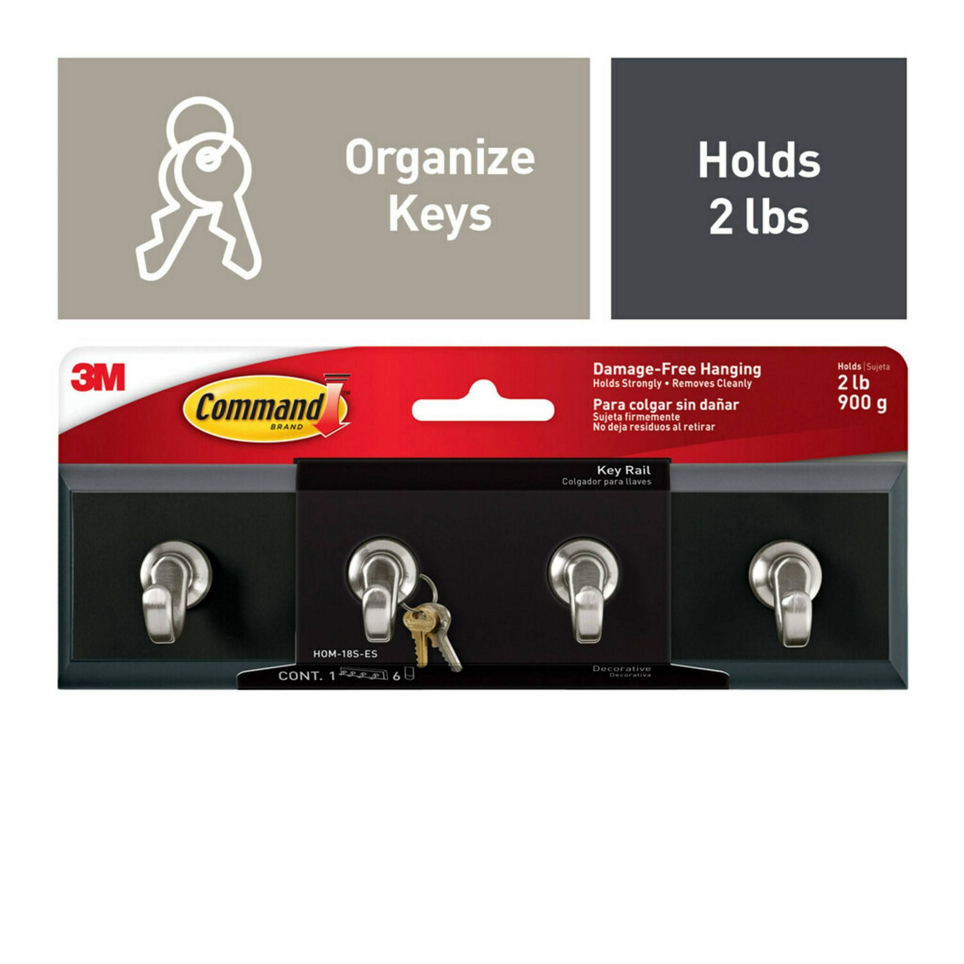 Command Damage-Free Hanging Key Rail with 6 Adhesive Strips Black