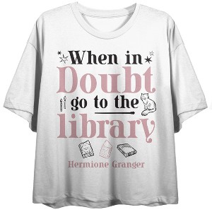 Harry Potter When In Doubt, Go To the Library Women's White Boyfriend Crop Tee - 1 of 3
