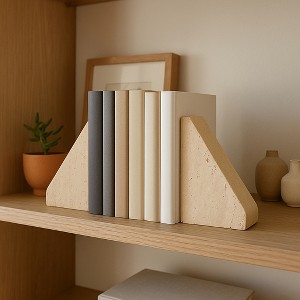 Decorative Travertine Triangle Bookends - Stylish Book Accessories for Home Library, Bookshelf, Office, or Desk Decoration - Set of 2, 5", Tan - 1 of 4