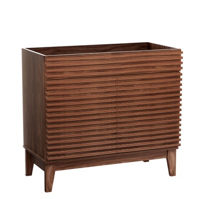 ROOMTEC 24 in. Bathroom Vanity, Mid-Century Cabinet with 2 Soft-Close Doors, Freestanding, Wood Grain Laminate, Walnut (Sink Not Included)