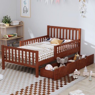 Wood Platform Bed with Guardrails and 2 Storage Drawers for Kids or Guest Room, No Box Spring Needed-Cuddlewood