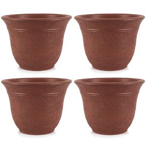 HC Companies Sierra 13 Inch Self Watering Round Plastic Flower Garden Planter Pot Container for Gardening Purposes, Rustic Redstone (4 Pack) - 1 of 4