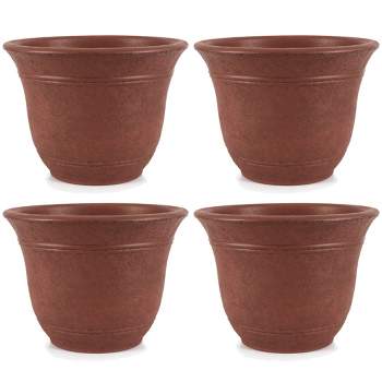 HC Companies Sierra 13 Inch Self Watering Round Plastic Flower Garden Planter Pot Container for Gardening Purposes, Rustic Redstone (4 Pack)