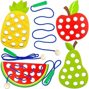 4-Pack Wooden Sorting and Threading Toy Set, Fruit Lacing Activity for Fine Motor Skills - 1 of 4