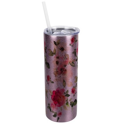 Elanze Designs Rose Gold 20 Ounce Double Wall Stainless Steel Glitter Travel Tumbler With Sliding Lid And Straw, Floral