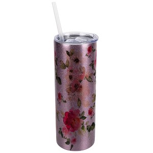 Elanze Designs Rose Gold 20 Ounce Double Wall Stainless Steel Glitter Travel Tumbler With Sliding Lid And Straw, Floral - 1 of 4