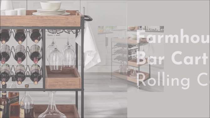 12 Bottle Rustic Walnut Wood and Metal Rolling Farmhouse Style Bar Cart Brown/Black - Danya B., 2 of 21, play video