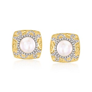 Ross-Simons 7-7.5mm Cultured Pearl and .11 ct. t.w. Diamond Earrings in 18kt Gold Over Sterling - 1 of 3