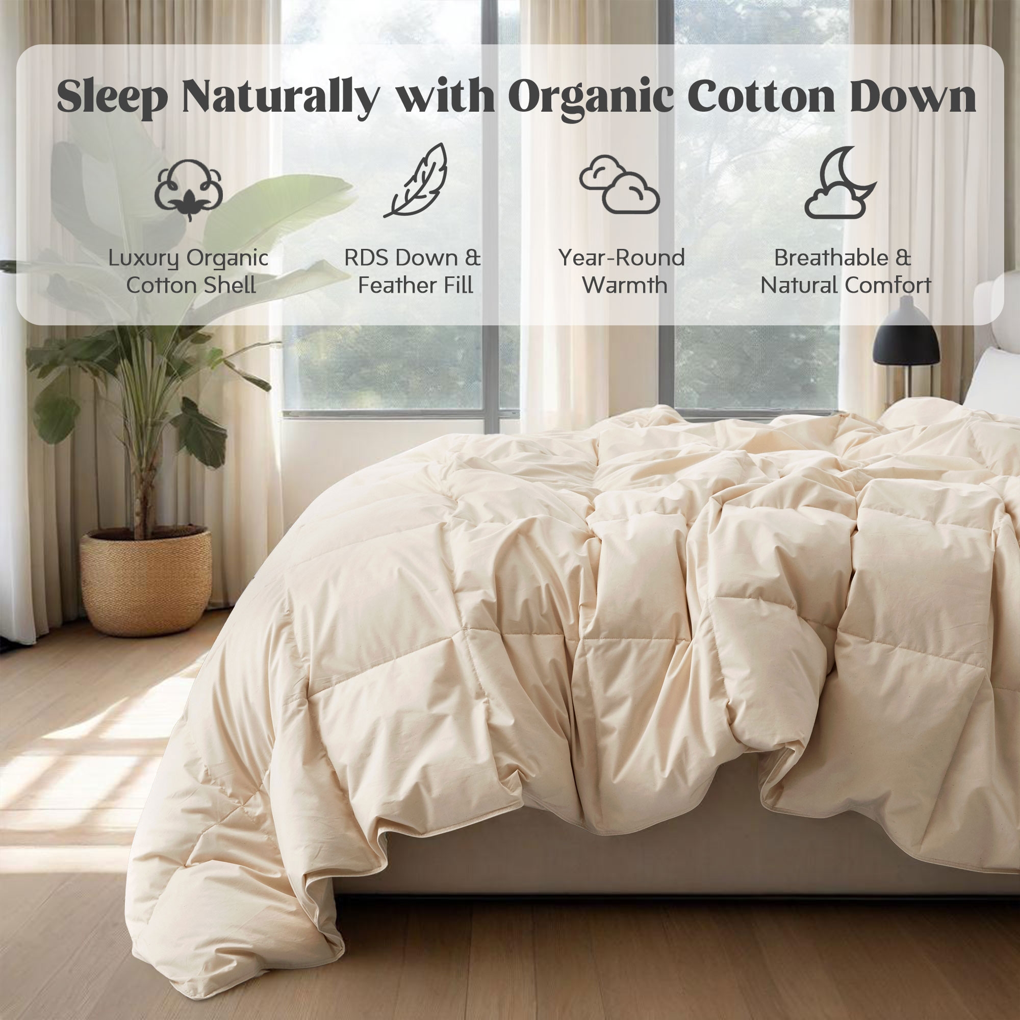 Puredown All Season Organic Cotton Down Comforter - 100% Natural, Chemical-Free, Medium Warmth Duvet Insert, Off-white, King