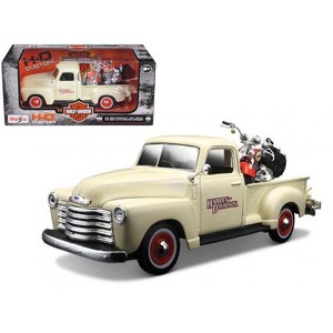 1950 Chevrolet 3100 Pickup Cream "Harley Davidson" 1/25 & 2001 FLSTS Heritage Springer Motorcycle Orange 1/24 Diecast by Maisto - 1 of 3